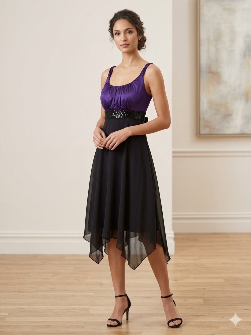 Enfocus Studio Purple Bodice Black High-Low Evening Dress